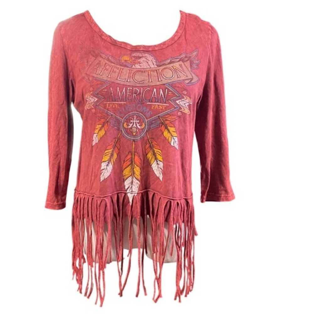 Affliction American Customs Fringe western thrashed grunge Top Burgundy Medium